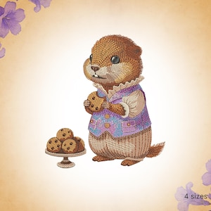 Könnte beinhalten: Stickerei mit einem braunen und braunen Gopher, der eine lila Weste mit einem blau-weißen Muster trägt und ein Keks hält. Der Gopher steht neben einem Teller mit Keksen auf einem Sockel.