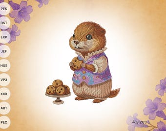 Vintage Rodent Embroidery Design: Chipmunk with Cookies (Digital File)
