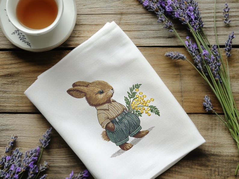 May include: A white tea towel with an embroidered design of a brown rabbit holding a bouquet of yellow mimosa flowers.