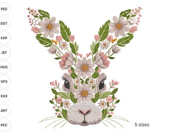 Floral Easter Bunny Machine Embroidery Design: Spring Rabbit (PES, DST, JEF, VP3, etc)