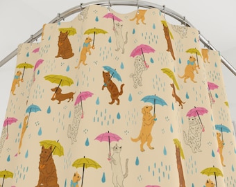 Dogs + Cats with Umbrellas Shower Curtain | Cute Whimsical Rain Pattern, Colorful Pups & Kittens