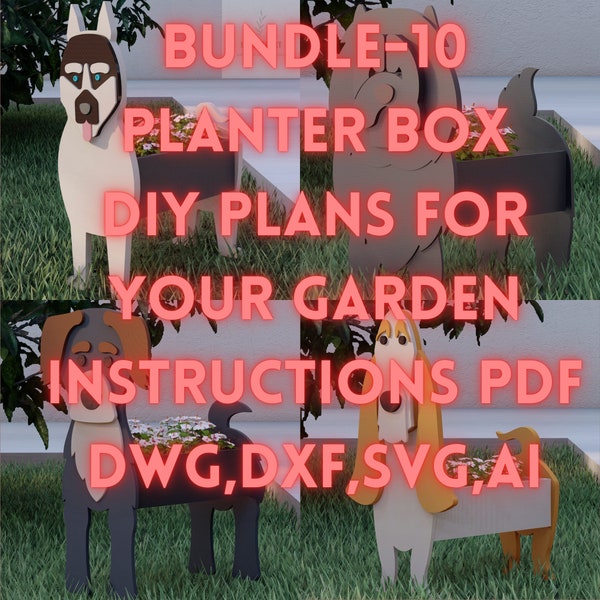 Bundle-10 Animal-themed Planter Boxes Dxf,Svg,Planter Box Plan,Scroll Saw Patterns and Dxf,Dwg,Svg,Ai files for Indoor and Garden Use