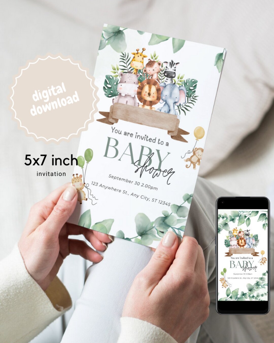 Safari Theme Babyshower Invitation for Canva Fully Editable Digital