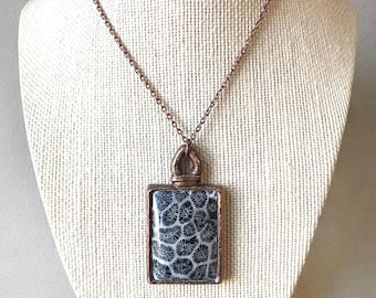 Black Coral Cabochon Pendant: Copper Plated Jewelry, Handmade Necklace, Electroformed Organics