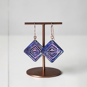 CLEARANCE ITEM: Cobalt Cubed Enamel Earrings, Boho Geometric Dangles, Handmade Copper Jewelry