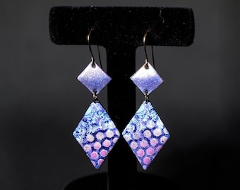 Purple Polka Dots Dangle Earrings: Boho Enamel Jewelry, Handmade Copper Earrings