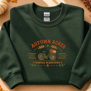 Sudadera con estampado de calabazas, sudadera con cuello redondo bordada con bicicleta de otoño, sudadera de granja de otoño, suéter acogedor de cosecha, sudadera de otoño, regalo de otoño