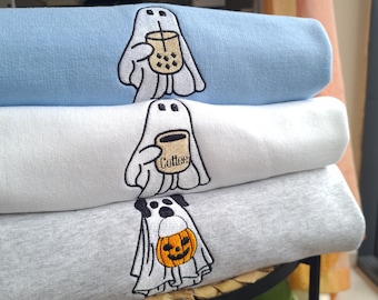 Halloween Ghost Coffee Embroidered Sweatshirt, Halloween Dog Sweatshirt, Coffee Lover Crewneck, Halloween Sweatshirt, Trendy Crewneck