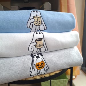 Halloween Ghost Coffee Embroidered Sweatshirt, Halloween Dog Sweatshirt, Coffee Lover Crewneck, Halloween Sweatshirt, Trendy Crewneck