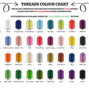 The image is a color chart that displays a variety of thread colors, including different shades of brown, white, blue, green, and purple. The chart is organized into rows and columns, with each color listed alongside its corresponding name. The chart is intended for customization purposes and is available under the "Add Personalization" button.