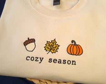 Sudadera bordada de otoño, sudadera de cuello redondo acogedora de otoño, sudadera con parche de calabaza, sudadera de cuello redondo de Halloween, jersey de otoño para ella