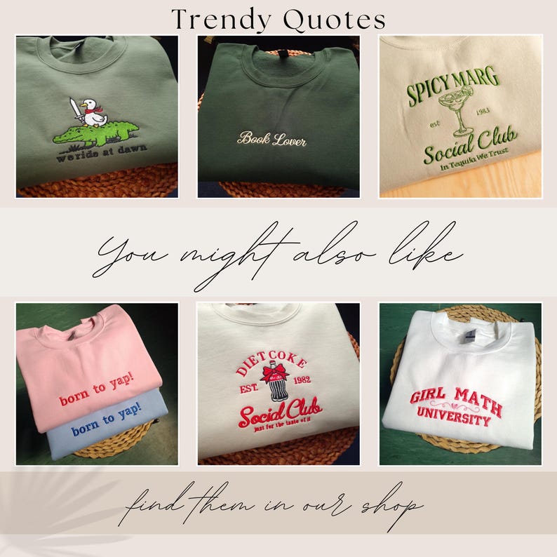 The image is a collage of various t-shirt designs, including a green shirt with a cartoon character, a green shirt with the text "Book Lover", a green shirt with the text "Spicy Marg", a pink shirt with the text "born to yap!", a white shirt with the text "Diet Coke EST. 1982 Social Club", and a white shirt with the text "GIRL MATH UNIVERSITY".