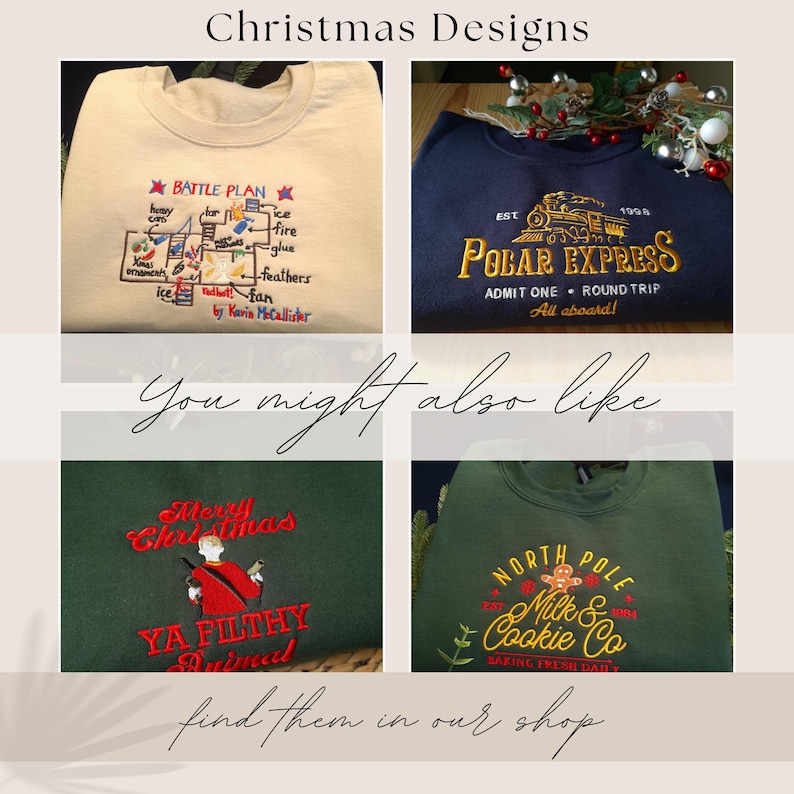 The image is a collage of four Christmas-themed t-shirts, each with different designs and text. The t-shirts feature various holiday-related phrases and graphics, such as "Battle Plan", "Polar Express", "Admit One Round Trip", and "North Pole". The collage includes a close-up view of the t-shirts, as well as a larger image of the t-shirts with additional text and graphics. The text in the image suggests that these t-shirts are Christmas-themed and are available for purchase in a shop.