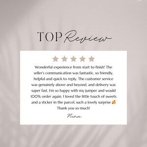 a text box with a review rating and a message expressing gratitude for a positive experience with a seller's customer service.