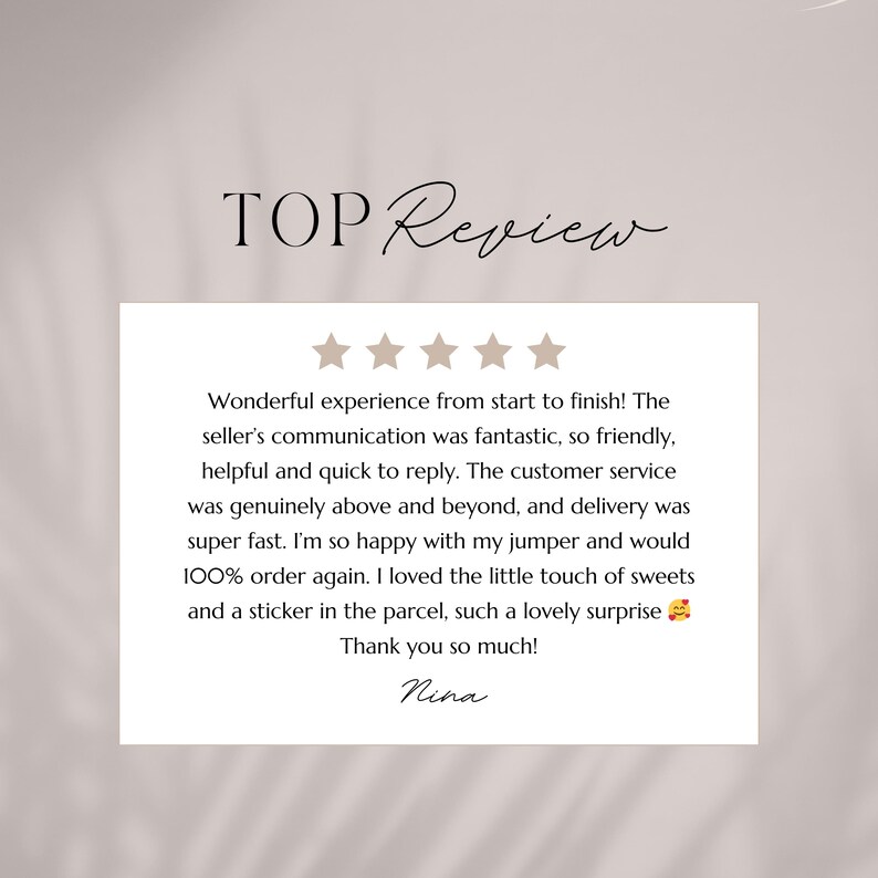 a text box with a review rating and a message expressing gratitude for a positive experience with a seller's customer service.