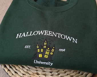 Halloweentown Besticktes Sweatshirt, Halloween Vintage Rundhalsausschnitt, Besticktes Universitäts Sweatshirt, Herbst Rundhalsausschnitt, Gruseliges Stadt Sweatshirt