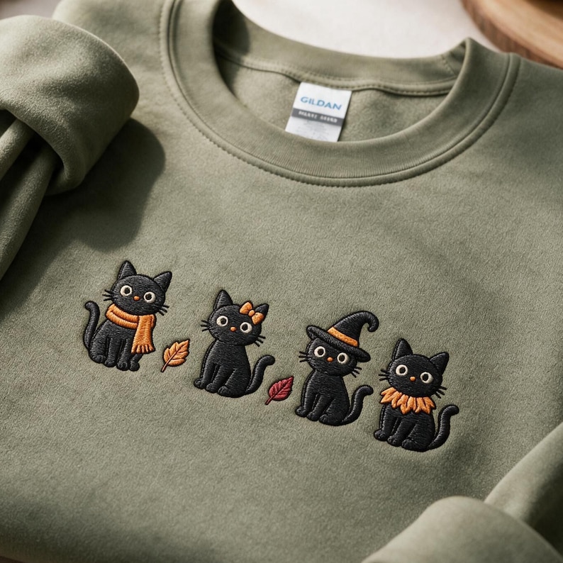 Puede incluir: Una sudadera de cuello redondo color verde oliva con un dise&ntilde;o bordado de cuatro gatos negros. Los gatos aparecen con accesorios que incluyen una bufanda naranja, un lazo amarillo, un sombrero de bruja y un cuello con volantes naranja, junto a hojas peque&ntilde;as.