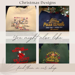 The image is a collage of four Christmas-themed t-shirts, each with different designs and text. The t-shirts feature various holiday-related phrases and graphics, such as "Battle Plan", "Polar Express", "Admit One Round Trip", and "North Pole". The collage includes a close-up view of the t-shirts, as well as a larger image of the t-shirts with additional text and graphics. The text in the image suggests that these t-shirts are Christmas-themed and are available for purchase in a shop.