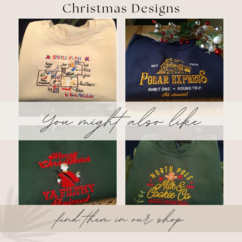 The image is a collage of four Christmas-themed t-shirts, each with different designs and text. The t-shirts feature various holiday-related phrases and graphics, such as "Battle Plan", "Polar Express", "Admit One Round Trip", and "North Pole". The collage includes a close-up view of the t-shirts, as well as a larger image of the t-shirts with additional text and graphics. The text in the image suggests that these t-shirts are Christmas-themed and are available for purchase in a shop.