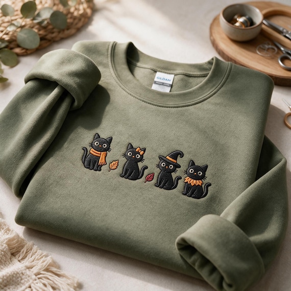 Halloween Cat Embroidered Sweatshirt, Black Cat Crewneck, Witchy Autumn Sweater, Cute Spooky Cat Lover Gift