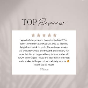 a text box with a review rating and a message expressing gratitude for a positive experience with a seller's customer service.