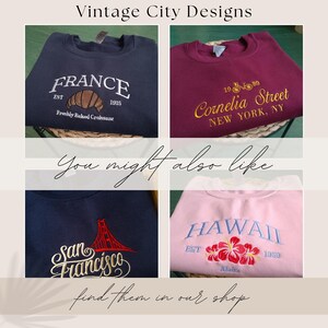 The image is a collage of four different vintage-style sweatshirts, each with unique designs and text, displayed in a basket.
