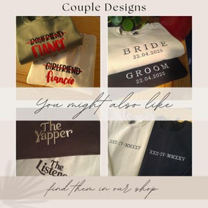 The image is a collage of four images featuring a variety of t-shirt designs, including a bride and groom shirt, a couple's sweatshirt, a black and white shirt, and a white shirt with a date printed on it.