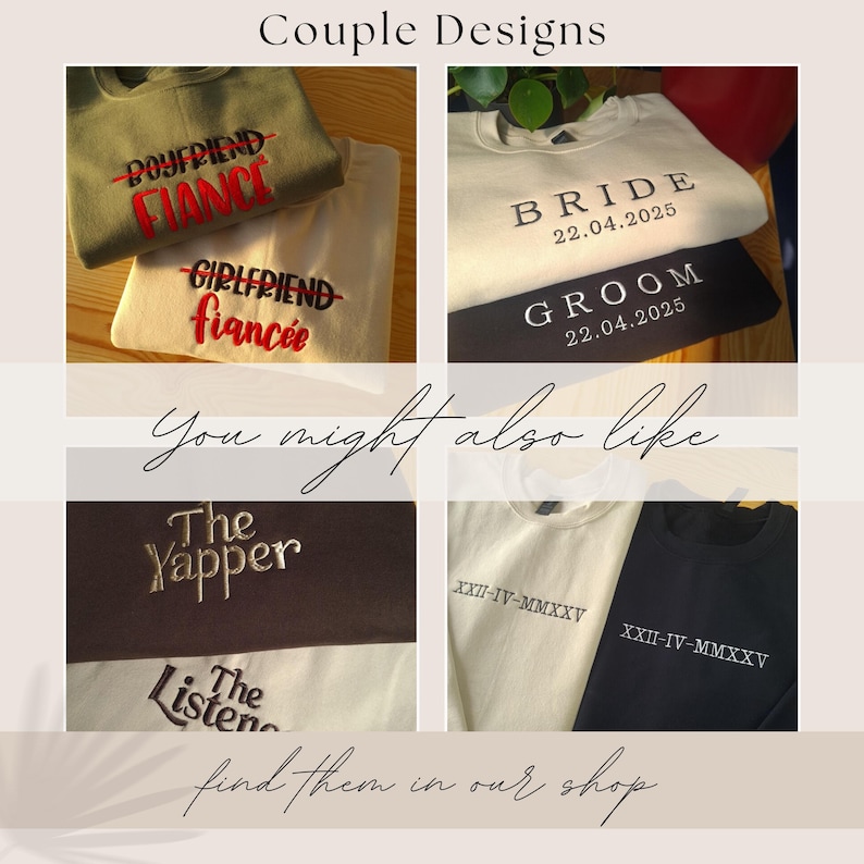 The image is a collage of four images featuring a variety of t-shirt designs, including a bride and groom shirt, a couple's sweatshirt, a black and white shirt, and a white shirt with a date printed on it.