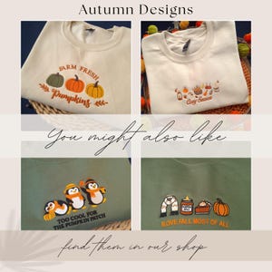 The image is a collage of four images featuring t-shirts with autumn-themed designs, including pumpkins, fall leaves, and other seasonal elements.