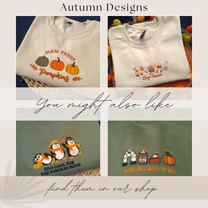 The image is a collage of four images featuring t-shirts with autumn-themed designs, including pumpkins, fall leaves, and other seasonal elements.