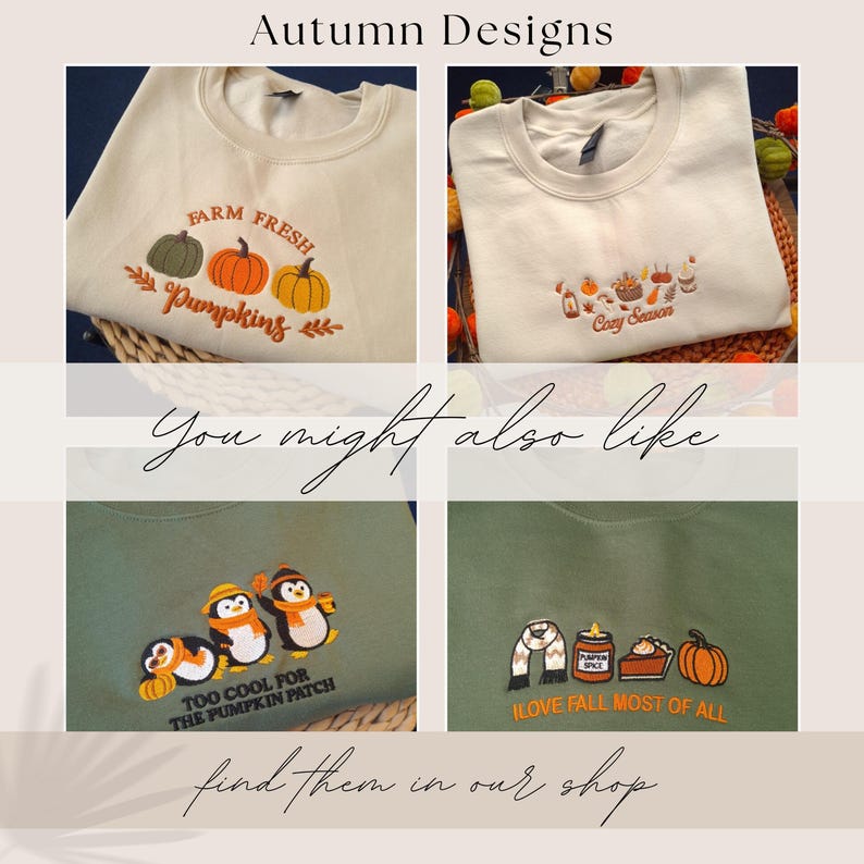 The image is a collage of four images featuring t-shirts with autumn-themed designs, including pumpkins, fall leaves, and other seasonal elements.