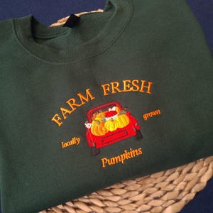 Broderad pumpalappströja, Farm Fresh Pumpkins-tröja, Broderad hösttröja, Hösttröja, Mysig hösttröja med rund hals