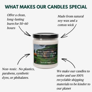 May include: A white candle jar with a black lid and a label that reads "Being Tenderly Fed After-Care Potatoes After Getting Railed By Sam" and "Scented Candle". The candle is surrounded by text that describes the candle's features, such as being made from natural soy wax and having a long burn time.