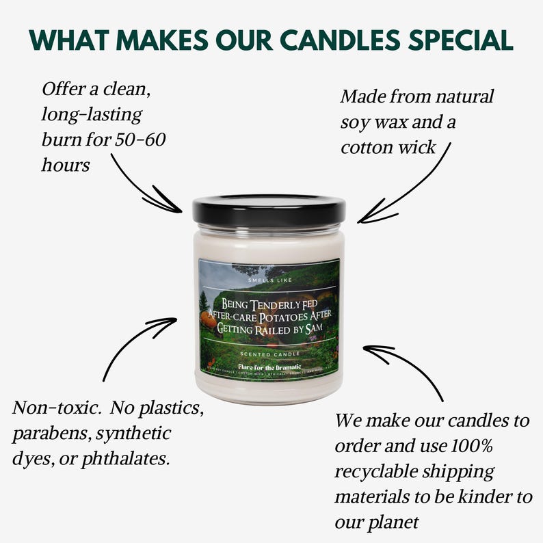 May include: A white candle jar with a black lid and a label that reads "Being Tenderly Fed After-Care Potatoes After Getting Railed By Sam" and "Scented Candle". The candle is surrounded by text that describes the candle's features, such as being made from natural soy wax and having a long burn time.