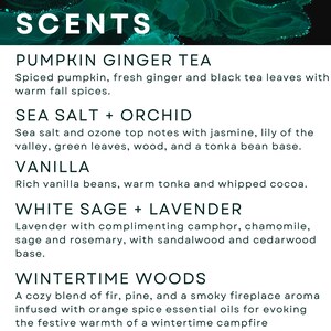 May include: A list of scented candle names and descriptions. The scents include Pumpkin Ginger Tea, Sea Salt + Orchid, Vanilla, White Sage + Lavender, and Wintertime Woods.