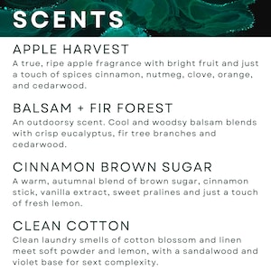 May include: A text-based image listing different scents with descriptions. The scents include Apple Harvest, Balsam + Fir Forest, Cinnamon Brown Sugar, and Clean Cotton.