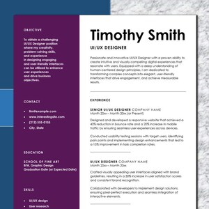 May include: A purple and white resume template with a professional headshot of Timothy Smith, a UI/UX Designer. The resume highlights his experience as a Senior UI/UX Designer and UI/UX Designer, along with his education and skills.