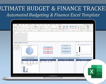 Puede incluir: Un ordenador portátil que muestra una hoja de cálculo de Excel con gráficos y diagramas. La hoja de cálculo se titula "Ultimate Budget & Finance Tracker" y "Automated Budgeting & Finance Excel Template". El icono de Excel está en la esquina inferior derecha de la imagen.