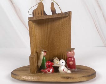 Vintage Miniature Wooden Nativity Scene Christmas Ornament by Russ Berrie