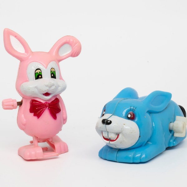 Two Vintage Plastic Wind Up Easter Toys, Vintage Easter Toys, Retro Easter Decor, Wind-Up Easter Bunny Toys