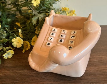 Vintage Ceramic Pink Peach Phone Planter, Retro Cute Eclectic Phone Planter, Unique Home Decor Gift Ideas