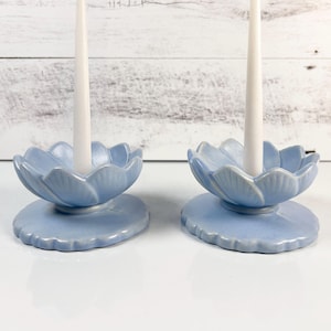 Vintage Haeger Pottery Water Lily Candlestick Holders: 1950s Blue Mid-Century Decor