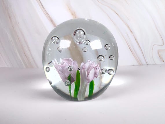 Vintage Murano Style Pink Flower Art Glass Paperweight with Controlled Bubbles