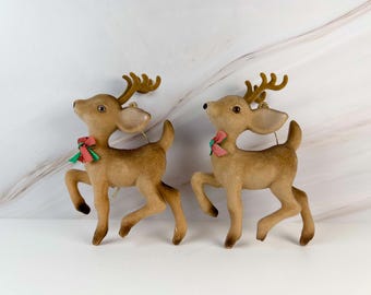 Vintage Mid Century Flocked Reindeer Christmas Ornaments