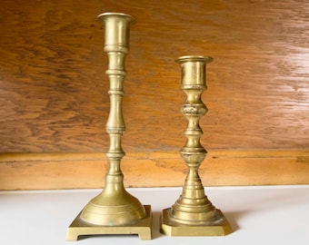 Two Vintage Brass Candlesticks – Varying Height 6.5&quot; & 8&quot; Tall Holders with Beautiful Vintage Patina – Rustic Elegant Home Decor