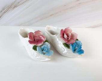 Vintage Porcelain Pink & Blue Floral Slippers