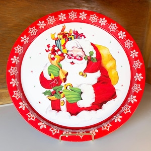 Vintage 1980&#39;s Santa Claus Christmas Serving Tray – Cute Nostalgic Tin Christmas Trays – Retro Tin Christmas Serving Platters