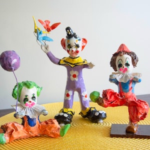 Vintage Paper Mache Clown Figurines - Collectible Made in Mexico Clowns - Brightly Colored Collectible Clown Dolls