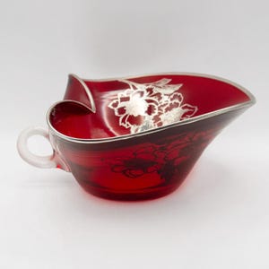Vintage Ruby Red Bowl with Silver Floral Details by Silver City Glass Co.