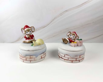Pair of 1980s Vintage Christmas Mouse Trinket Boxes